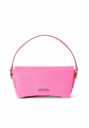 Rosa Lederhandtasche mit einem oberen Griff, glatter Textur, umklappbarem Klappdeckel und goldfarbenen Beschlägen mit dem Markenlogo auf der Vorderseite.