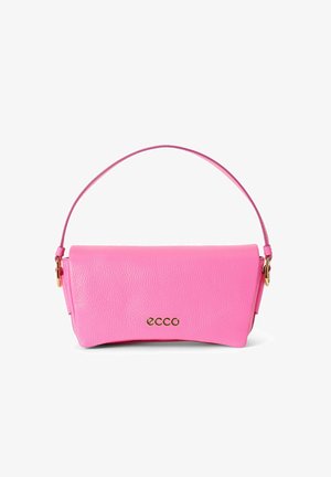Pink leather handbag with a top handle, smooth texture, fold-over flap, and gold hardware featuring the brand logo on the front.