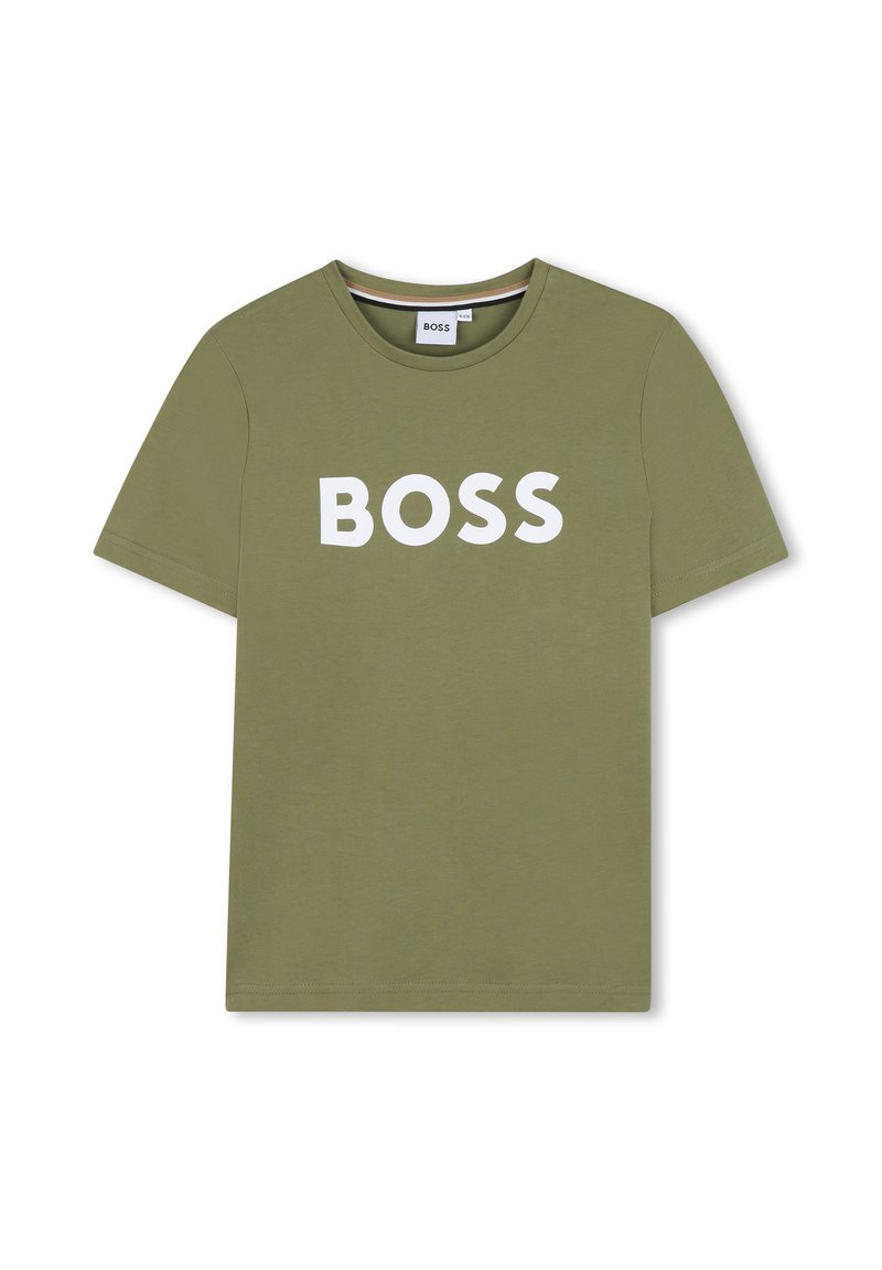 Olive green cotton t-shirt with short sleeves, round neck, featuring bold white "BOSS" text across the front. Smooth texture.