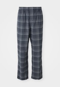 Marineblauwe en witte geblokte pyjamabroek met een elastische tailleband, tentoongesteld tegen een effen witte achtergrond.
