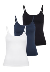 Drei Camisole-Tops: weiß, marineblau und schwarz. Jedes hat dünne Träger, ein tailliertes Design und eine glatte, weiche Stofftextur.