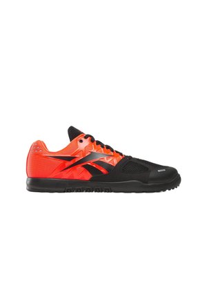 Athletic shoe with black toe and sole, bright orange sides, black laces, and a black logo on the side, shown in profile against white.