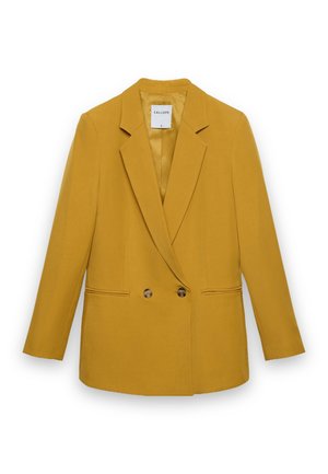 Blazer doppiopetto giallo senape con rever a incavo, due bottoni frontali e tasche con fessura, taglia piccola, marca Calliope.