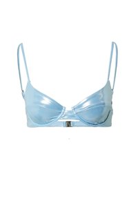 Light blue satin bra with underwire, shaped cups, thin adjustable straps, and a hook-and-eye closure at the back, featuring a glossy finish.
