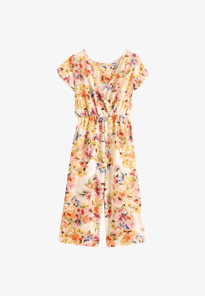 Bloemen-jumpsuit met korte mouwen, met een V-hals, elastische tailleband en een mix van roze, gele en blauwe bloemen op een lichte achtergrond.