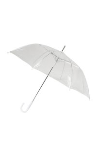 Ombrello trasparente e chiaro con una cupola curva trasparente, asta argento metallico e manico in plastica bianca a forma di gancio.