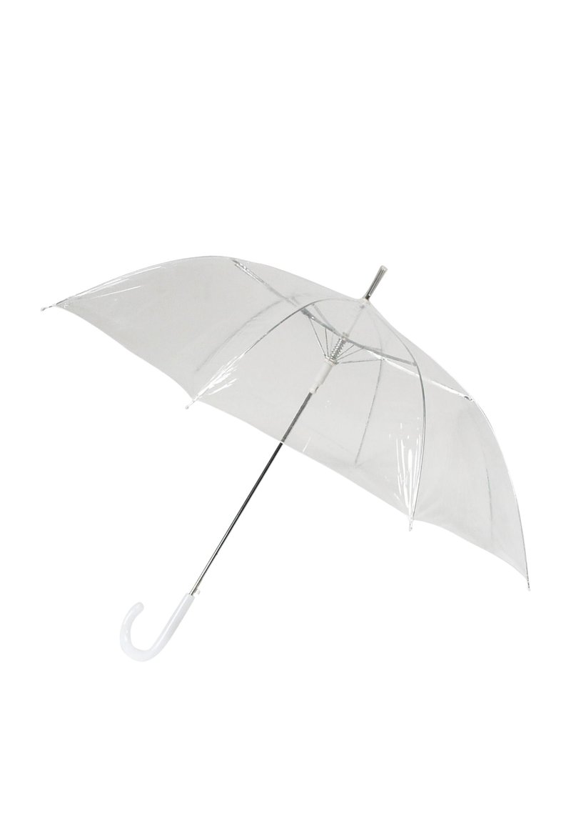 Ombrello trasparente e chiaro con una cupola curva trasparente, asta argento metallico e manico in plastica bianca a forma di gancio.