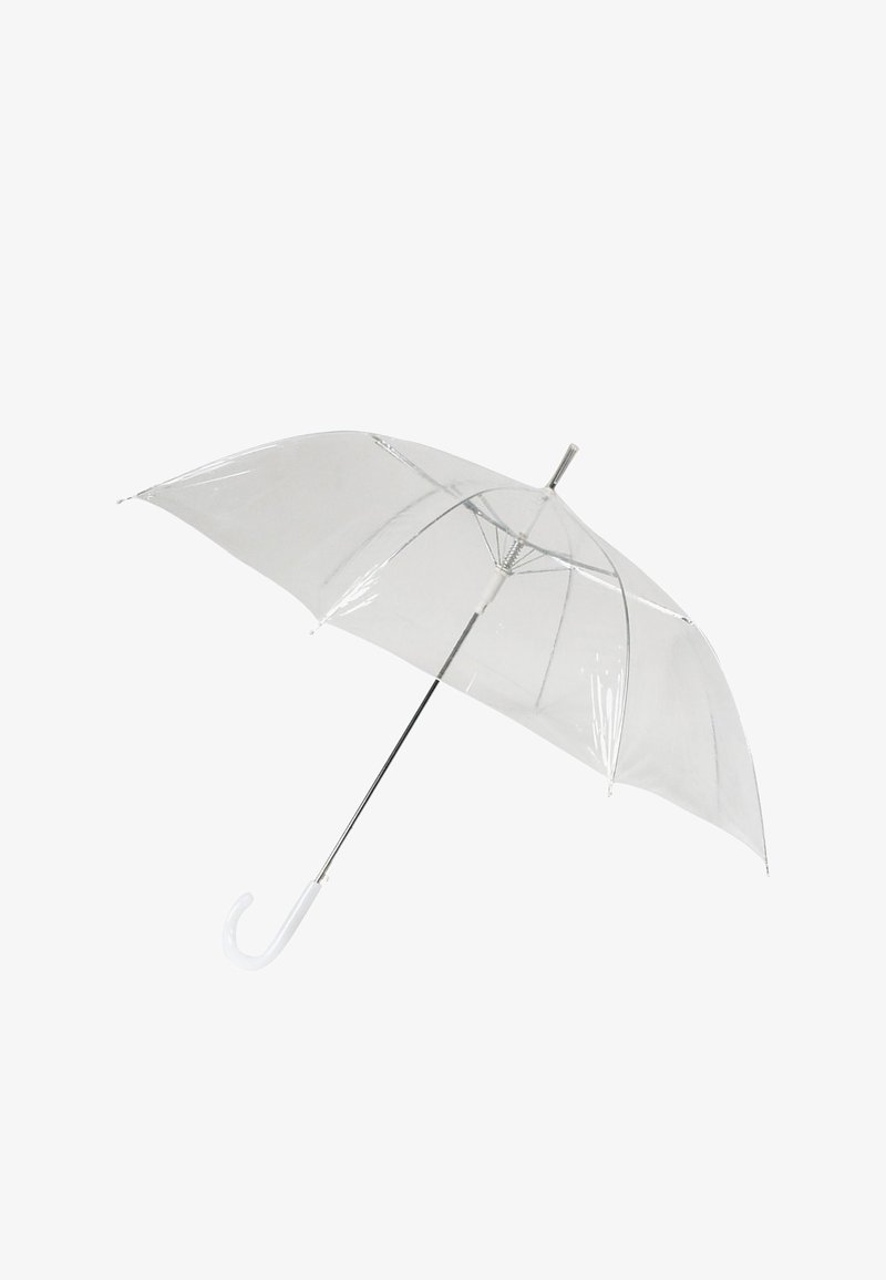 Ombrello trasparente e chiaro con una cupola curva trasparente, asta argento metallico e manico in plastica bianca a forma di gancio.