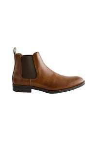 Botín Chelsea de cuero marrón con paneles laterales elásticos, punta redonda y un tacón bajo apilado. Textura suave con un brillo sutil.