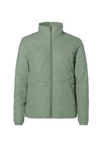 Lichtgroene gewatteerde jas met een hoge kraag, ritssluiting aan de voorkant en lange mouwen. Bevat een diagonale stikselpatroon. Gladde textuur.