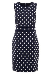 Námorně modré bezrukávové šaty s bílými puntíky, s dobře padnoucím pasem a texturovanou tkaninou. Obsahuje zip na zadní straně a roztrhaný lem.