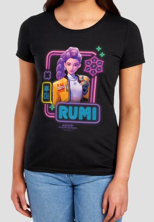 Black t-shirt with colorful neon-style graphic of a female character named Rumi from K-Pop Demon Hunters wearing a yellow jacket and white top.
