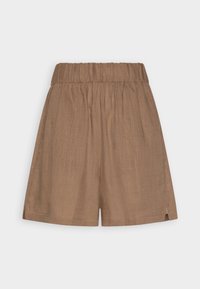 Shorts marron en tissu léger, dotés d'une taille élastique, d'une coupe décontractée et de légères fentes sur les côtés au niveau de l'ourlet.
