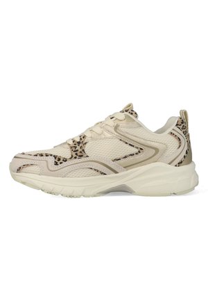 Beige athletic sneaker with leopard print accents, mesh fabric upper, chunky sole, and lace-up closure, shown from the side.