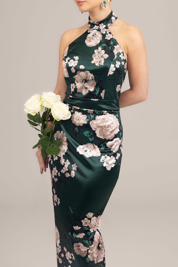 slim fit dress slacks Berylove Women Sage White Floral Maxi Dress with Neck Ribbon Halter Backless Slit Sheath Wedding Guest Dress, Sage White Flower / US10