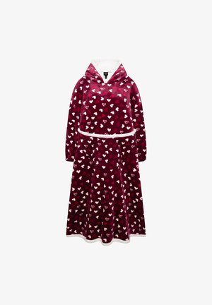 Červené a růžové šaty z velouru s potiskem srdcí, s kapucí, dlouhými rukávy a bílým lemem. Sukně s rozšířeným střihem. Měkká textura.