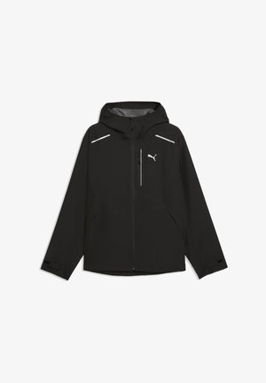 Czarna kurtka Puma z kapturem, z zamkiem z przodu, kieszenią na piersi, odblaskowymi paskami na ramionach oraz regulowanymi paskami na nadgarstkach.