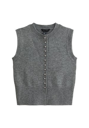 Gilet en maille sans manches gris avec un col rond, doté d'une fermeture à boutons sur le devant et d'un ourlet côtelé. Texture douce et finition lisse.