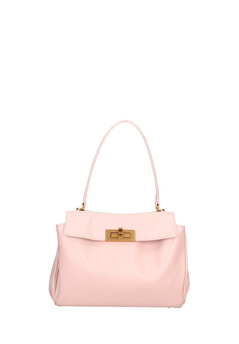Borsa a mano in pelle rosa con un design strutturato, manico superiore e chiusura in oro. Texture liscia con chiusura a patta e curve sottili.