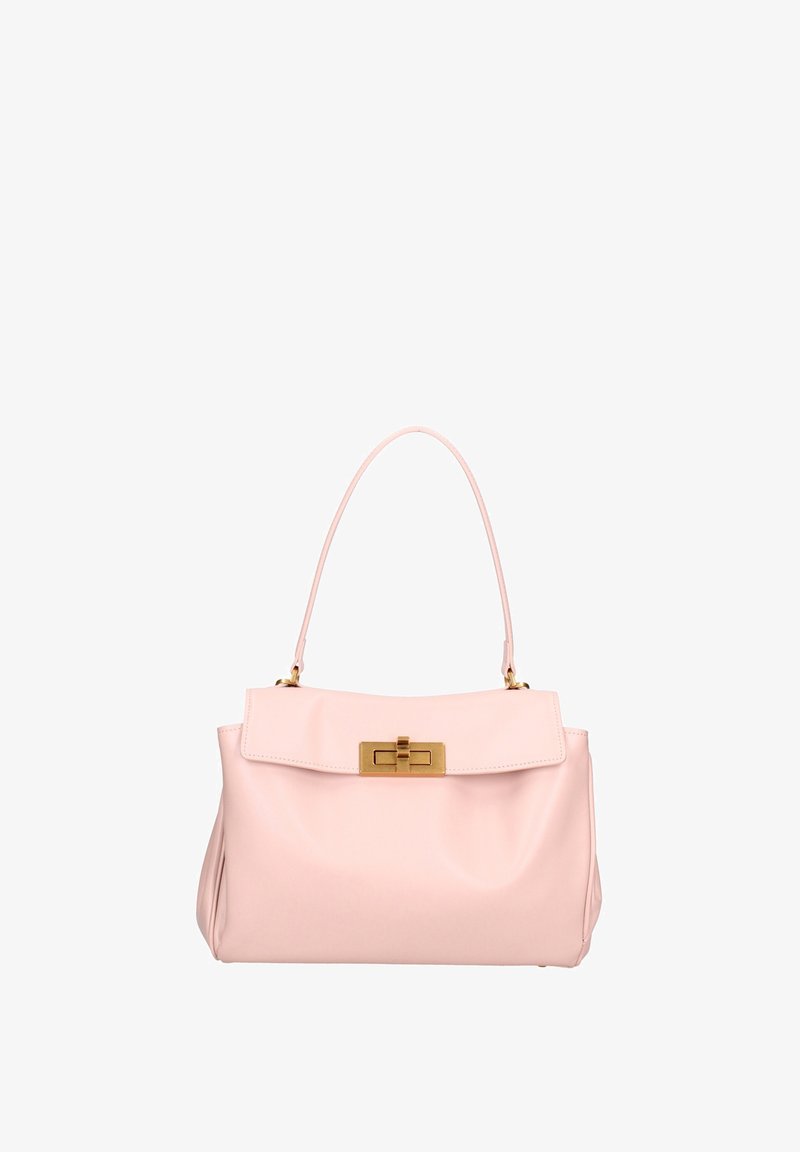 Borsa a mano in pelle rosa con un design strutturato, manico superiore e chiusura in oro. Texture liscia con chiusura a patta e curve sottili.