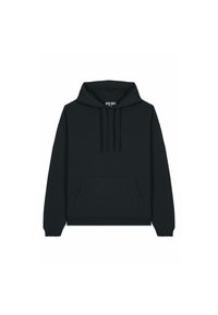 Felpa nera con cappuccio realizzata in tessuto morbido, caratterizzata da una tasca frontale ampia, polsini a coste e cordoncino sul cappuccio. Design semplice e classico.