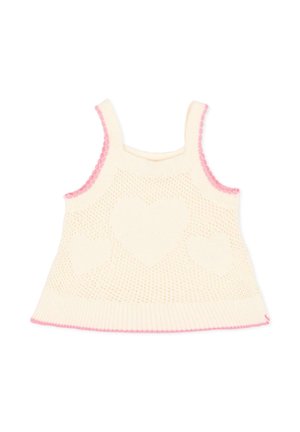 Top per neonati senza maniche in maglia color crema con tre motivi a cuore e rifiniture rosa lungo i bordi su sfondo bianco.