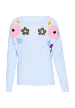 Maglione azzurro chiaro lavorato a maglia con scollatura tonda, caratterizzato da ricami floreali in rosa, verde e viola, e polsini e orlo a coste.