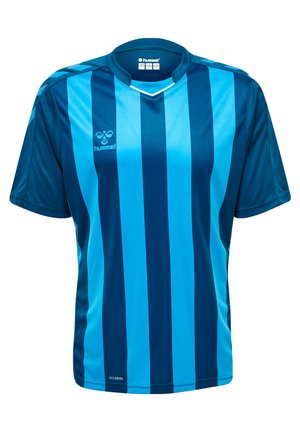 Blå och turkosa randiga sporttröja gjord av lättviktsmaterial, med v-ringning och logotyp på bröstet. Korta ärmar.