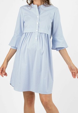 Light blue striped dress with a fitted bodice, button-down front, and flared, three-quarter sleeves. Soft fabric with a relaxed silhouette.