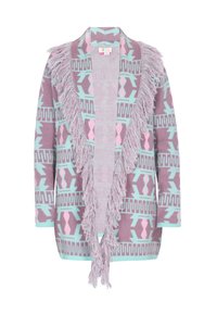 Lila színű rojtos kardigán, pink és aqua geometrikus mintákkal. Puha tapintás, nyitott elülső rész, hosszú ujjú fazon, kontrasztos mandzsettákkal.