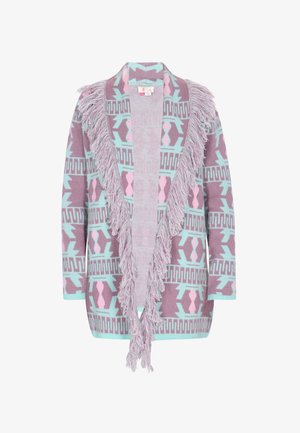 Fransen-Cardigan in Lavendel mit geometrischen Mustern in Pink und Aqua. Weicher Stoff, offene Vorderseite und lange Ärmel mit kontrastierenden Bündchen.