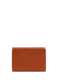 Portafoglio in pelle di colore marrone intenso, forma rettangolare, superficie testurizzata, con chiusura a zip e cuciture visibili lungo i bordi.