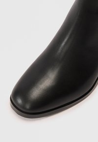 Sorte lær ankelstøvler med spiss tådesign, glatt tekstur, slank profil og subtil glans på materialet. Tynn svart såle.