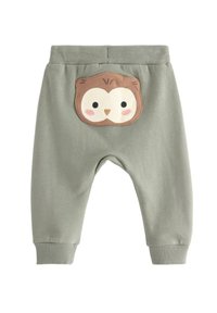 Zielone dresy bawełniane z haftem sowy na tylnej kieszeni, z prążkowanymi mankietami i paskiem w talii dla komfortu.