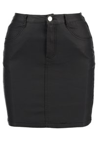 Svart denimkjol med en figurnär passform, knappstängning fram och fickor. Slät textur med synliga söm detaljer.