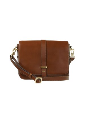 Borsa messenger in pelle marrone con pattina frontale, tracolla regolabile e dettagli in metallo dorato. Texture liscia e cuciture rifinite.