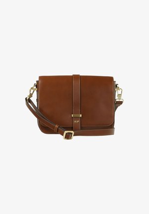 Braune Leder-Umhängetasche mit einer Vorderklappe, verstellbarem Riemen und goldfarbenen Metallakzenten. Glatte Textur und gestickte Details.