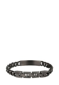 Black metal bracelet featuring a braided design with rectangular links. Smooth central plate for engraving, finished in a matte texture.