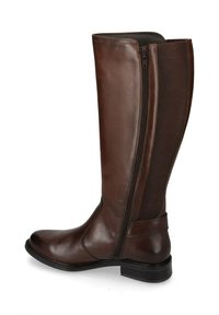 Stivale marrone in pelle alta fino al ginocchio con una finitura liscia, zip laterale e pannello elasticizzato. Design a punta arrotondata e tacco basso per il comfort.