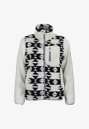 Giacca in pile con collo alto, caratterizzata da un motivo geometrico bianco e nero, chiusura frontale con zip e una tasca sul petto con zip. Texture morbida.