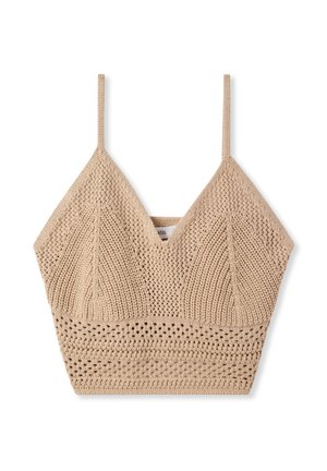 Bralette lavorato a maglia in beige chiaro, coppe triangolari con motivi testurizzati, spalline sottili e regolabili, e fascia elastica con dettagli occhiellati.