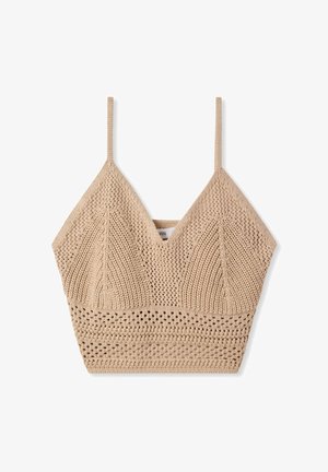 Bralette lavorato a maglia in beige chiaro, coppe triangolari con motivi testurizzati, spalline sottili e regolabili, e fascia elastica con dettagli occhiellati.