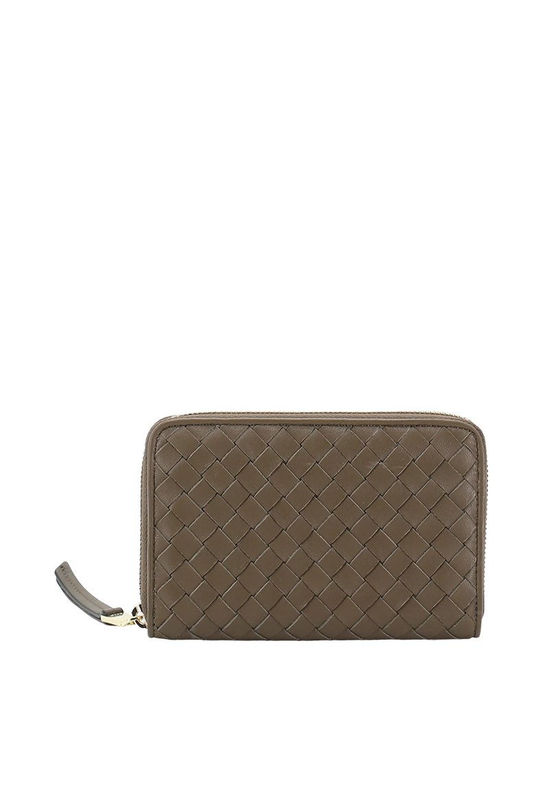 Wallet made from braided brown leather. Rectangular shape with a zip closure. Smooth texture, features a side strap and gold-tone hardware.