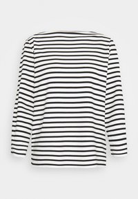 Black and white striped long-sleeve top with a round neckline. Soft fabric with even horizontal stripes. Straight cut and relaxed fit.