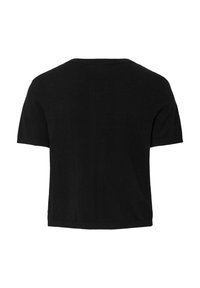 Musta lyhythihainen T-paita, joka on valmistettu pehmeästä kankaasta; siinä on pyöreä pääntie ja suora helma. Yksinkertainen, minimalistinen muotoilu ilman lisäyksityiskohtia.