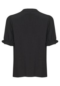 Schwarze Bluse mit kurzen Ärmeln, Kragen und gerafften Ärmeln. Hergestellt aus leichtem Stoff mit glatter Textur.