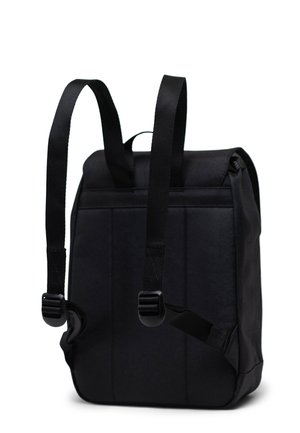 Black backpack with padded fabric, adjustable straps, and top handle. Rectangular shape with a smooth texture and simple design.