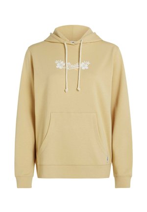 Lysegul hættetrøje med snøre i hætten, kængurulomme og hvidt blomsterlogo. Blødt stof med ribkant ved ærmer og kant.