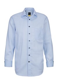 Hellblaues langärmeliges Herrenhemd mit Knöpfen an der Vorderseite, einer Brusttasche und umgeschlagenen Manschetten mit kontrastierendem Innenstoff.