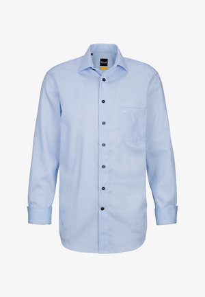 Camicia da uomo a maniche lunghe di colore azzurro chiaro con bottoni frontali, tasca sul petto e polsini ripiegati con tessuto interno a contrasto.